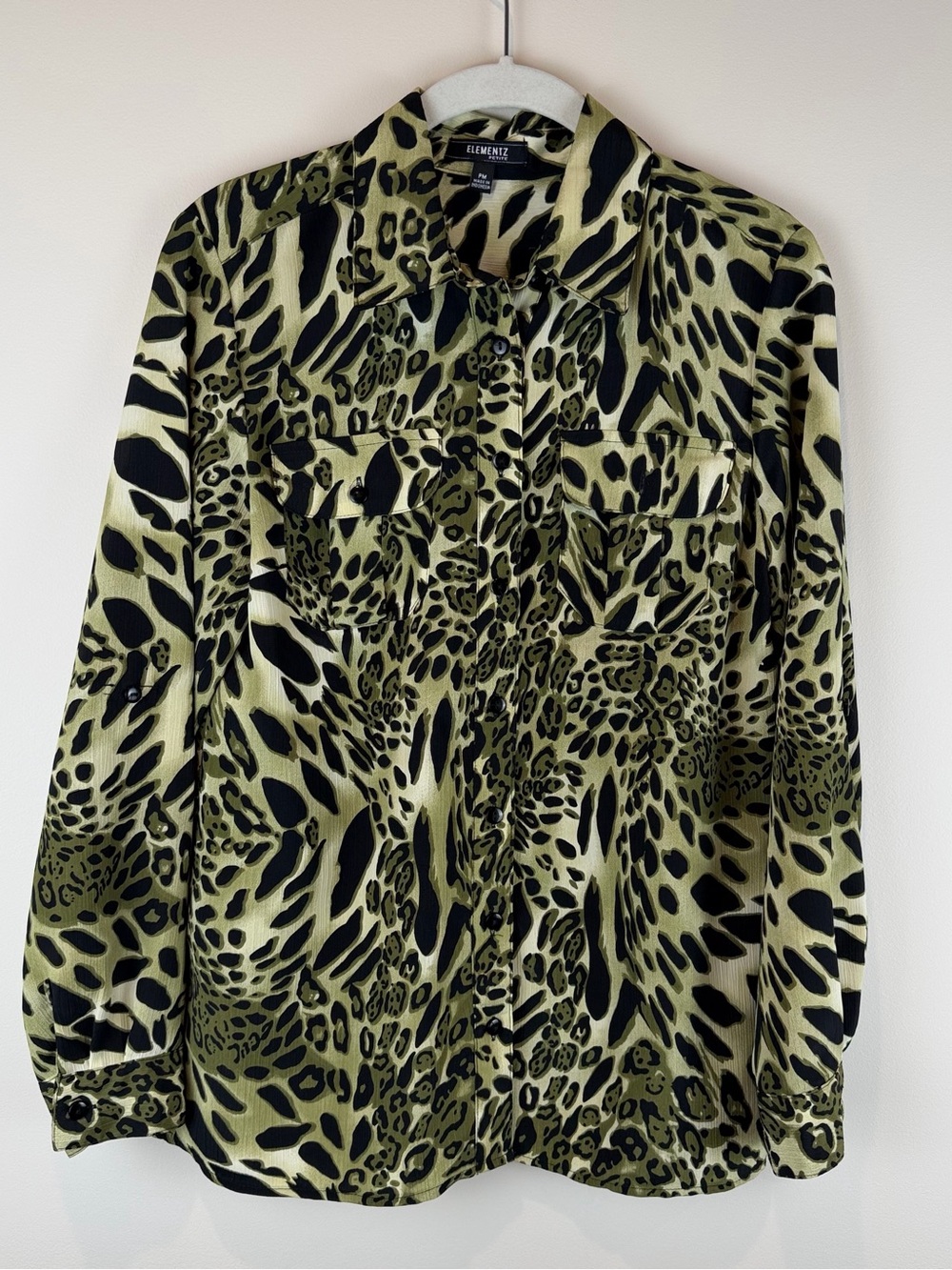 Elementz Olive & Black Animal Print Shirt Size Medium Petite